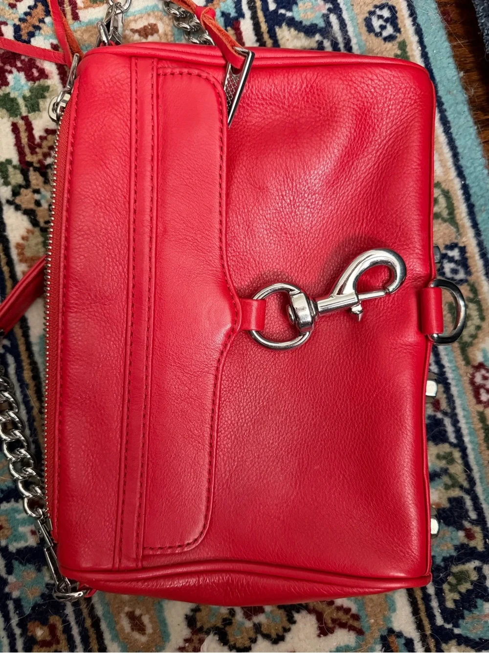 Red Leather Shoulder Bag with Silver Hardware